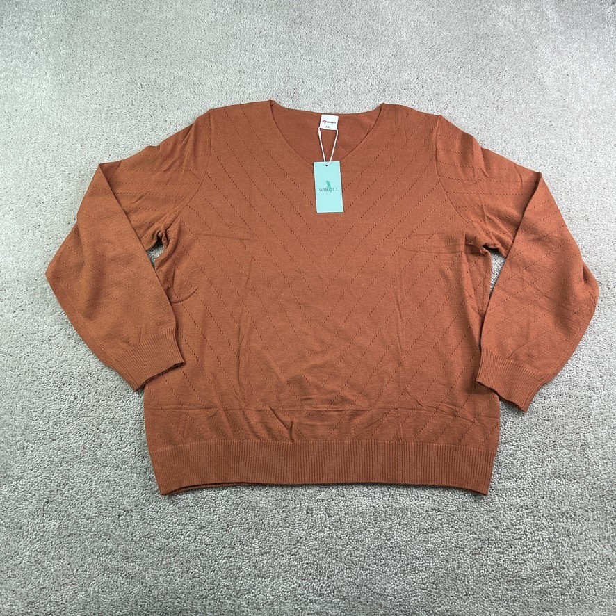 NEW Wiholl Sweater Womens XXL Orange V Neck Pointelle Knit Long Sleeve Pullover