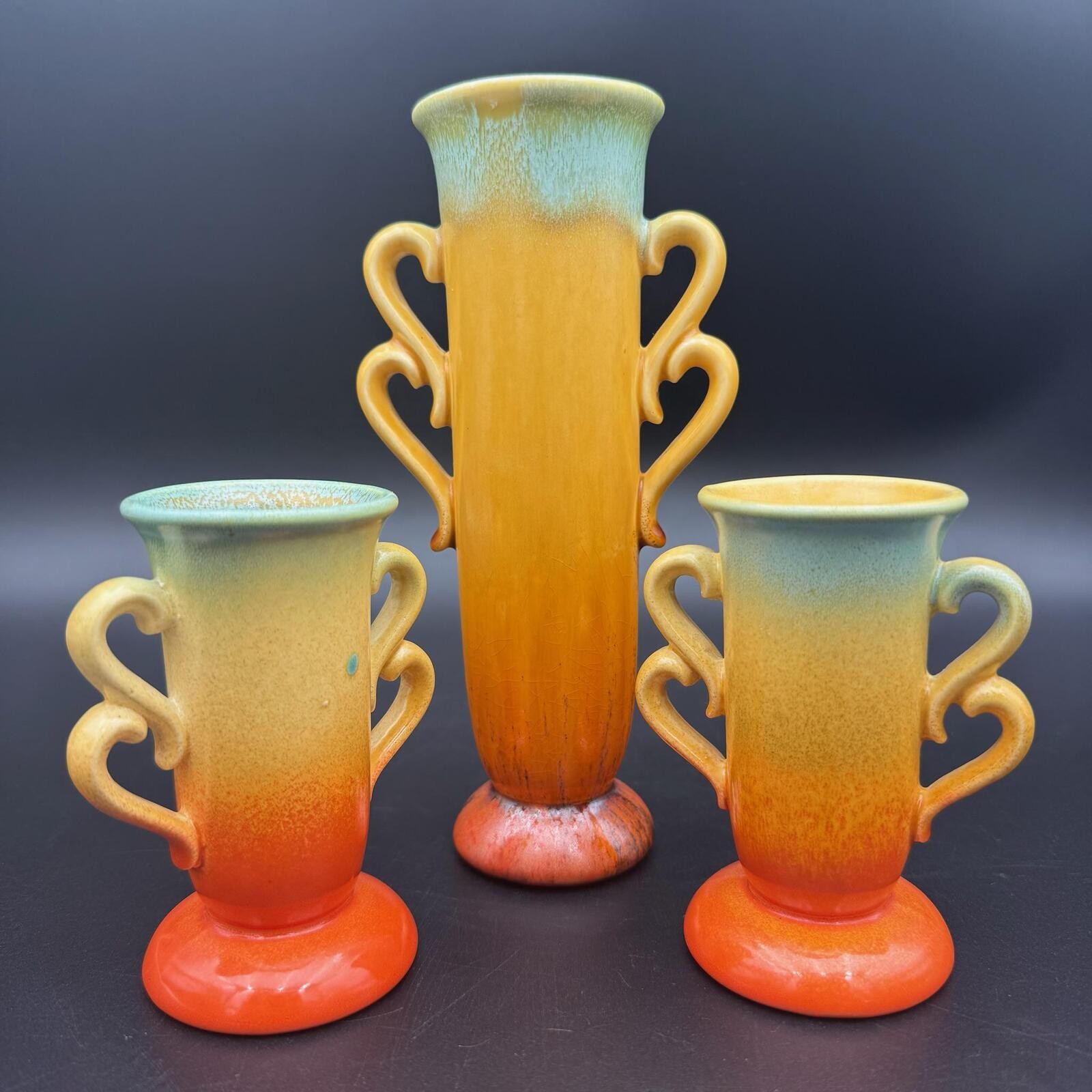 Vintage Stangl Pottery Sunburst Vase Set of 3 Orange Art Pottery Vintage Stangl Pottery Sunburst Vase Set of 3 Orange Art Pottery
