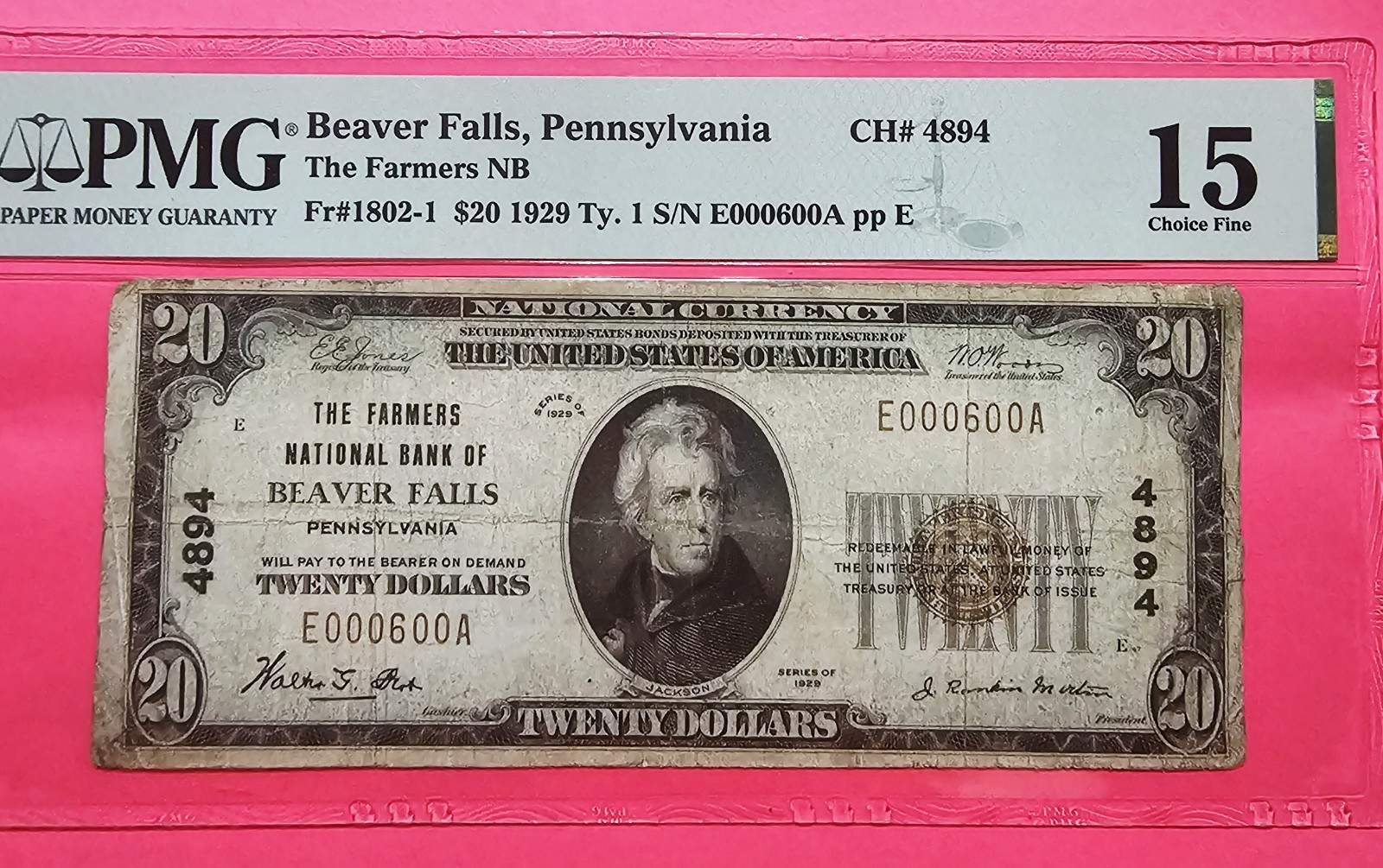 1929 $20 Beaver Falls PA Farmers NB Ch4894 PMG15 Low Serial Number E000600A Nice