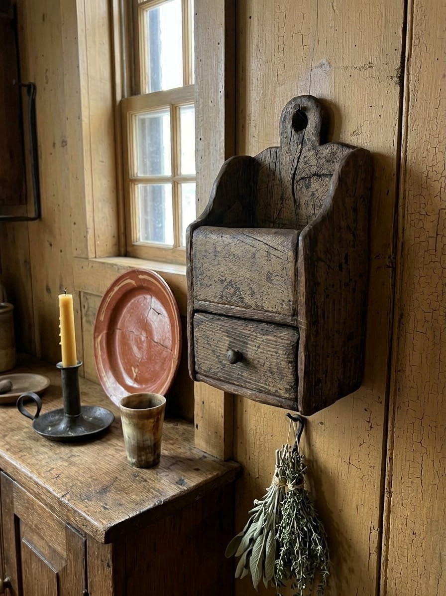 Primitive Painted Wood Spice Candle Wall Box Early American Colonial Home Decor