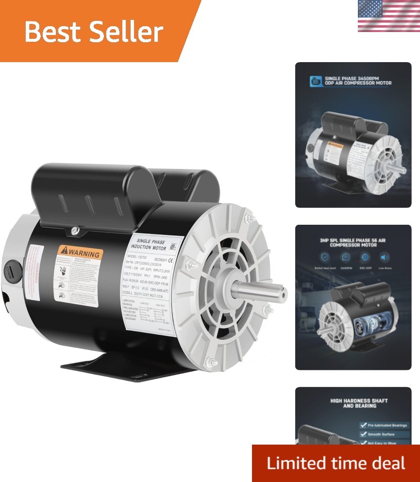 Air Compressor Electric Motor, 3HP SPL 3450 RPM, 115/230V Single Phase, 56 Fr... Air Compressor Electric Motor, 3HP SPL 3450 RPM, 115/230V Single Phase, 56 Fr...