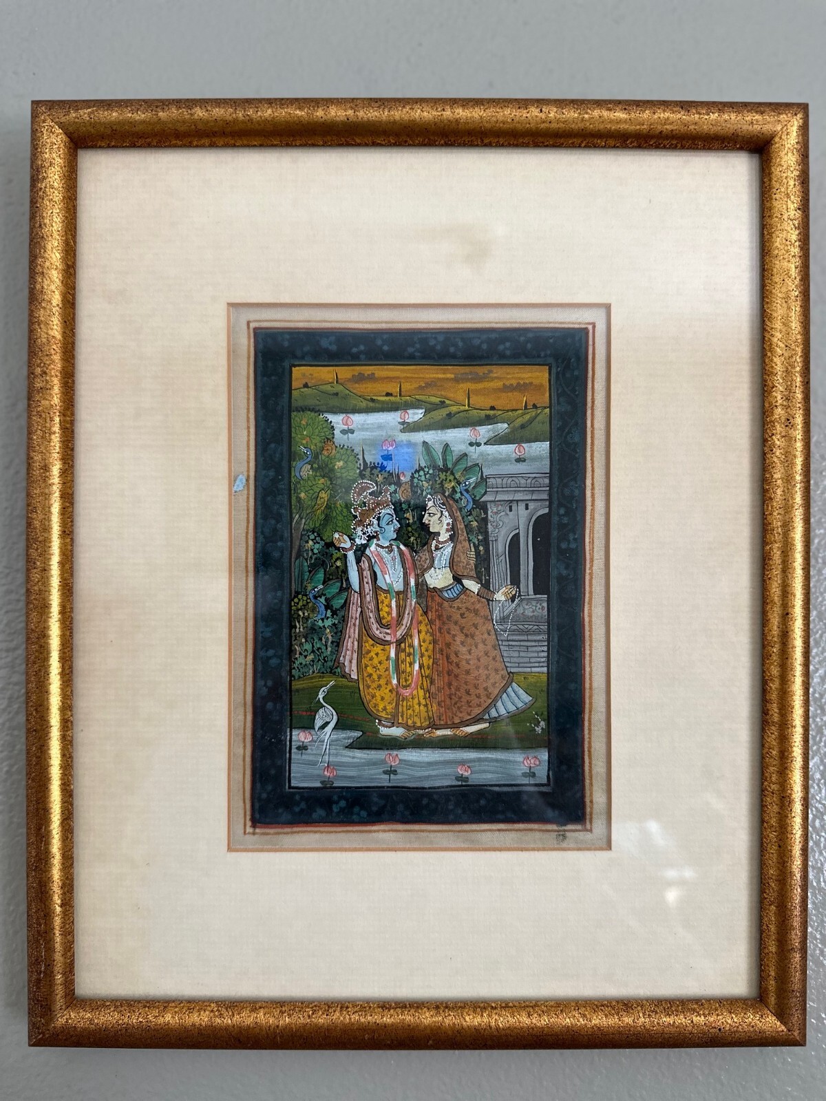 Antique Indian Miniature Silk Painting Radha Krishna Circa. 1950s