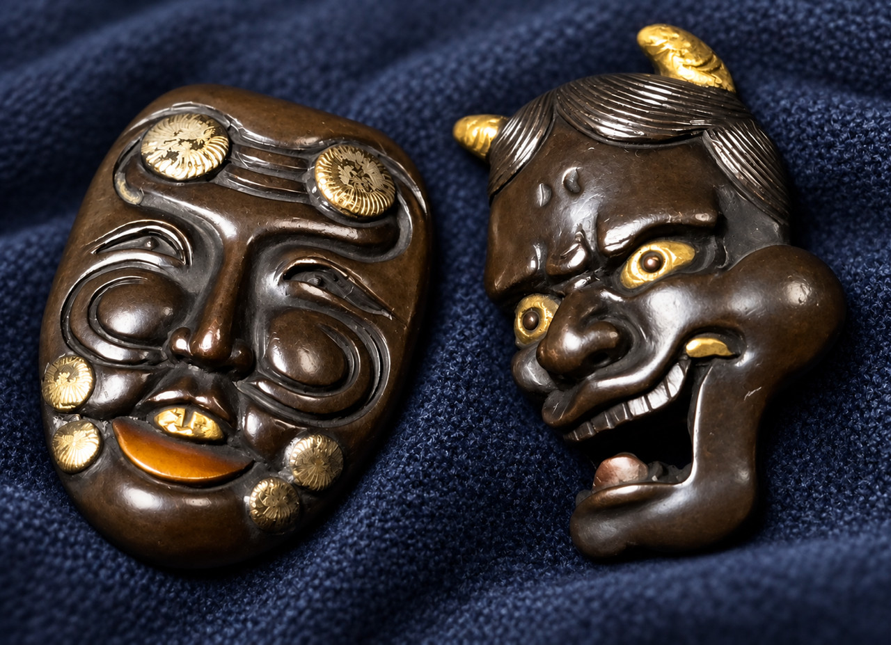 Antique Japanese Menuki Noh Oni Mask Pair Shakudo Gold Signed 光理 Mitsumasa