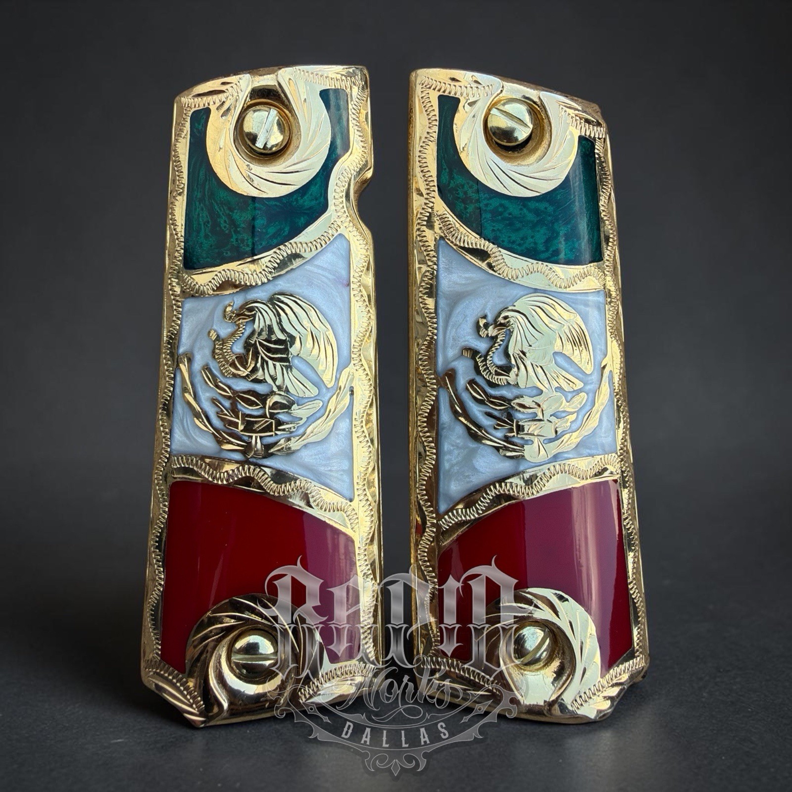 1911 45 38 Super Full Size Mexican Flag Gold Gun Pistol Grip Cachas & 24K Screws 1911 45 38 Super Full Size Mexican Flag Gold Gun Pistol Grip Cachas & 24K Screws