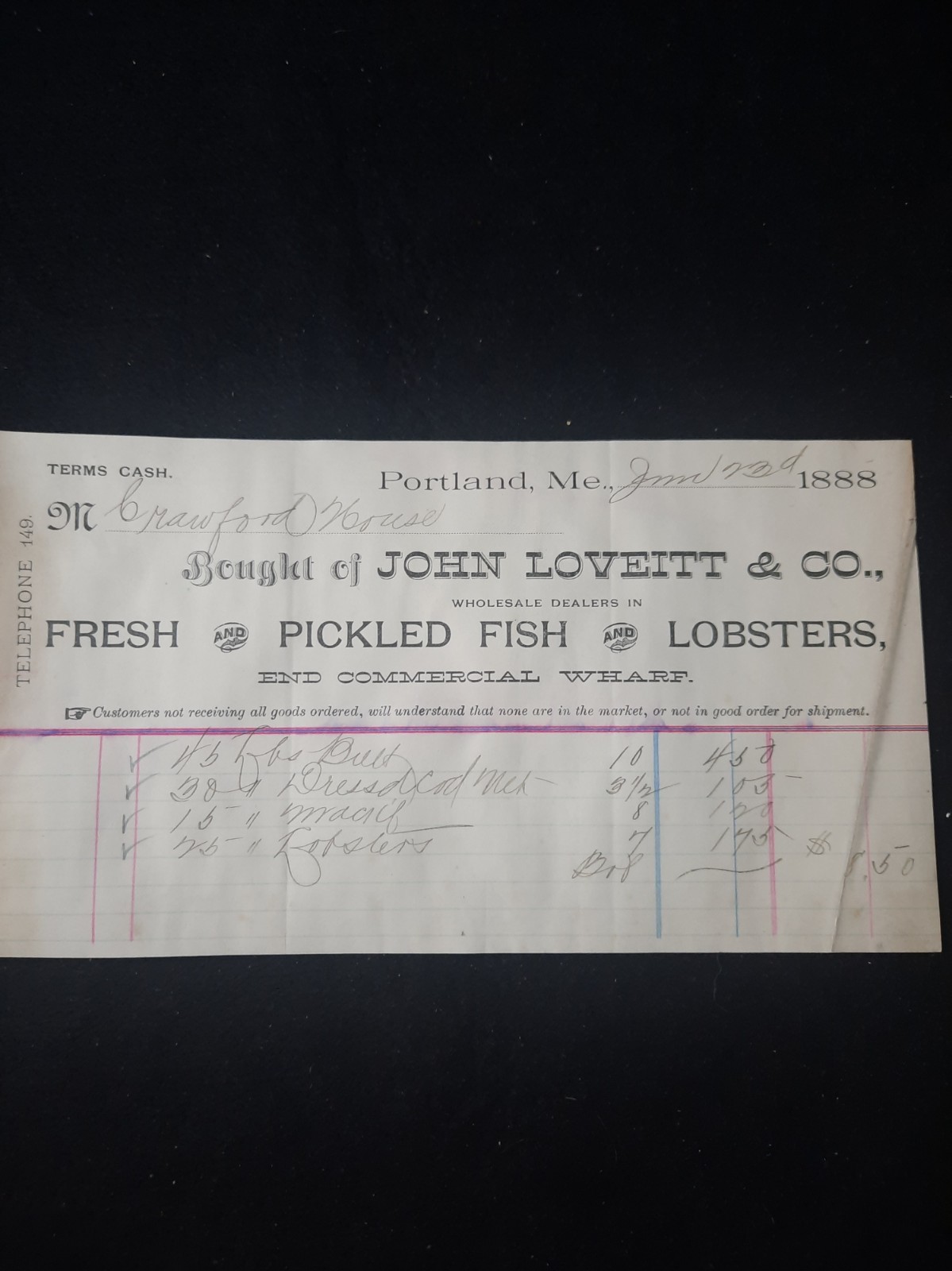 1888 Portland Maine Seafood Billhead Invoice Receipt - John Loveitt Fish Lobster 1888 Portland Maine Seafood Billhead Invoice Receipt - John Loveitt Fish Lobster