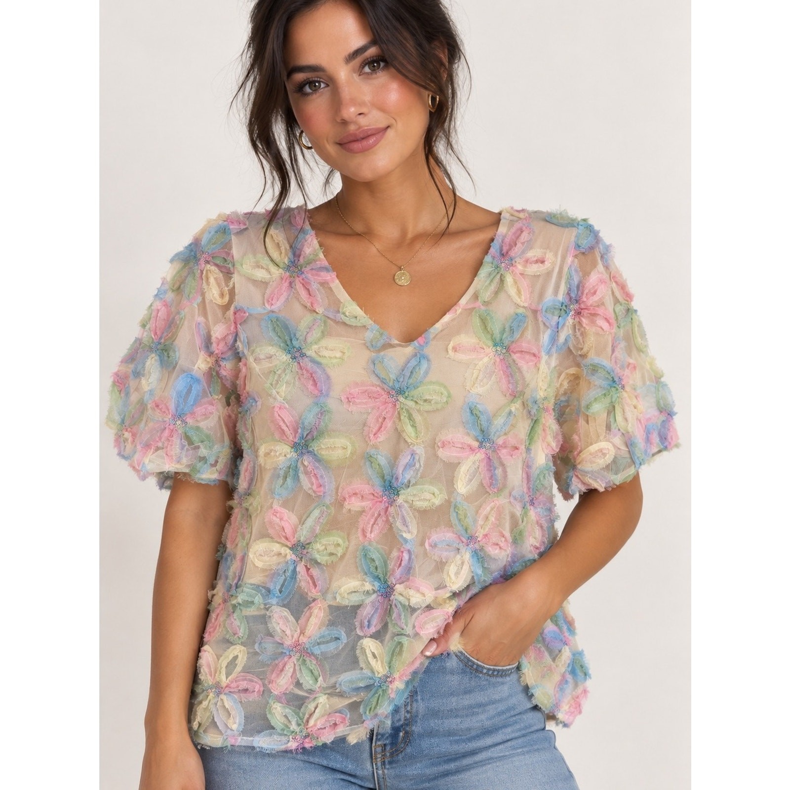 Umgee Pastel Multicolor Floral Sheer V-Neck Blouse Umgee Pastel Multicolor Floral Sheer V-Neck Blouse