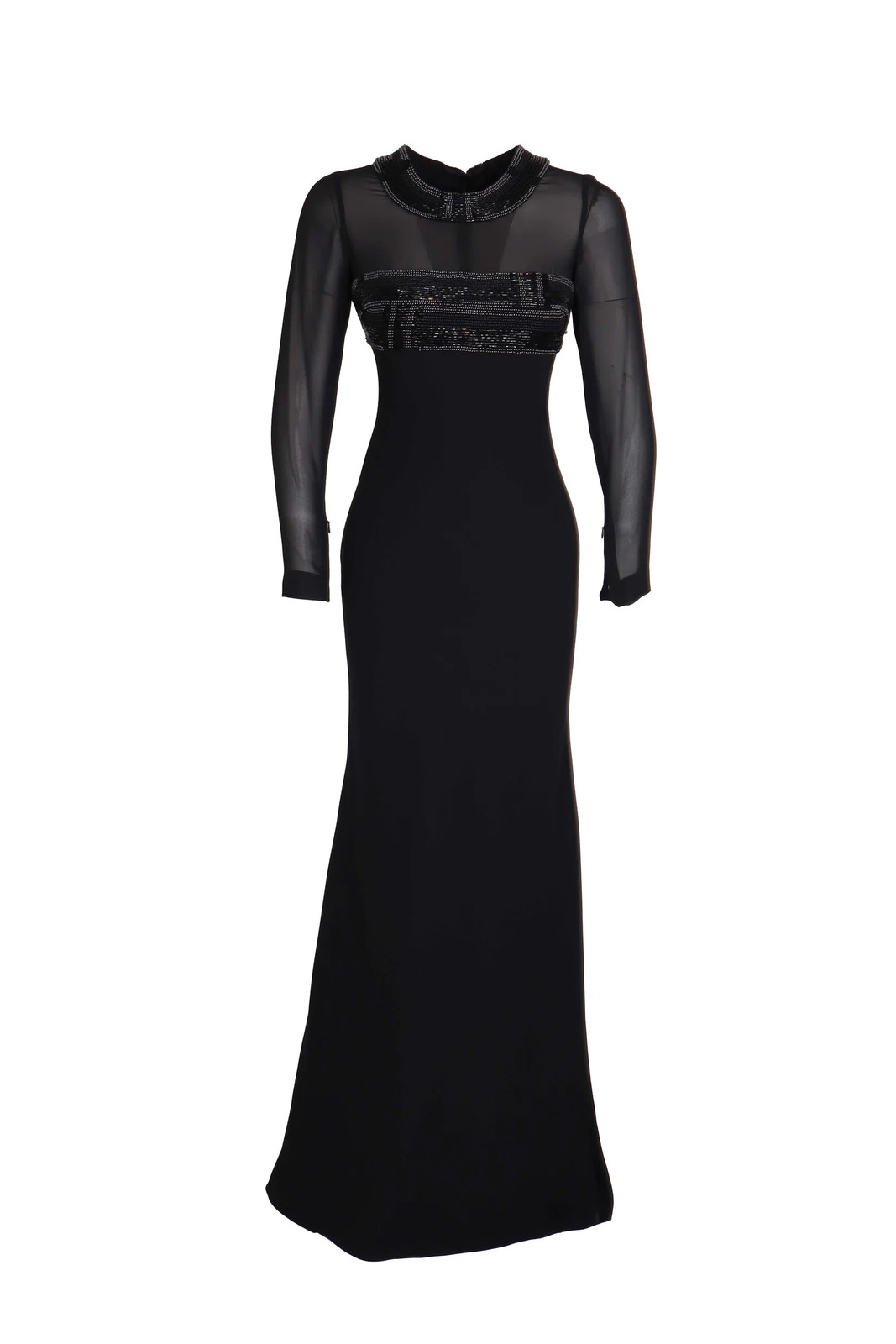 Carmen Marc Valvo Black Evening Gown Dress Size S 100% Acetate Sheer Sleeves