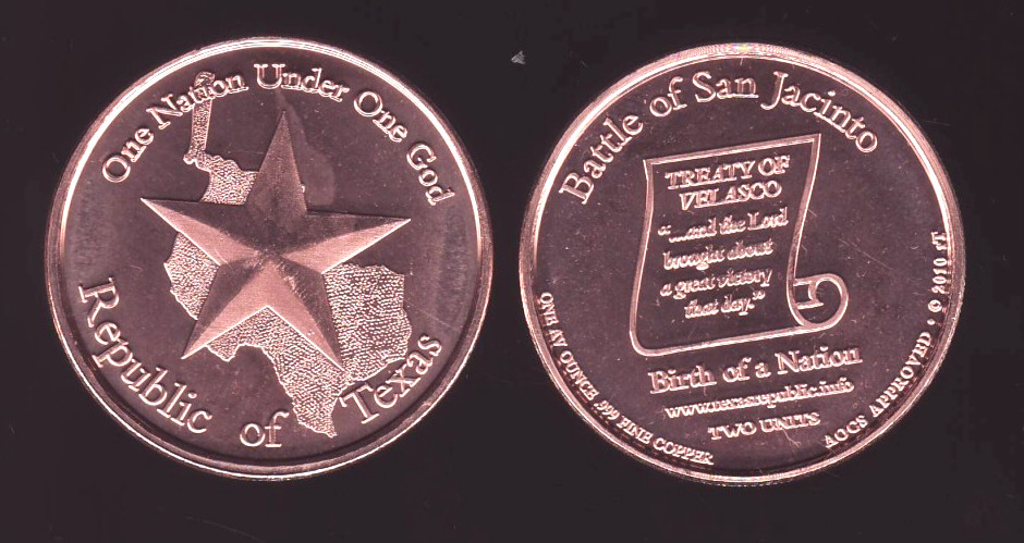 2010 REPUBLIC OF TEXAS  1 oz. Copper Round   AOCS   Coin