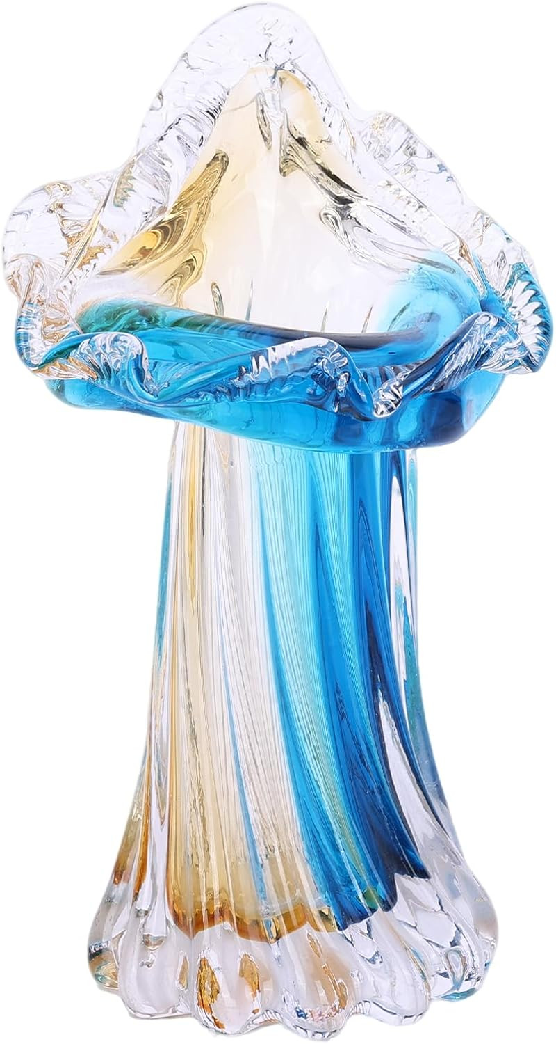 Unique Blue & Gold Hand Blown Art Glass Vase - Blue & Gold Sculptural Flower Vas