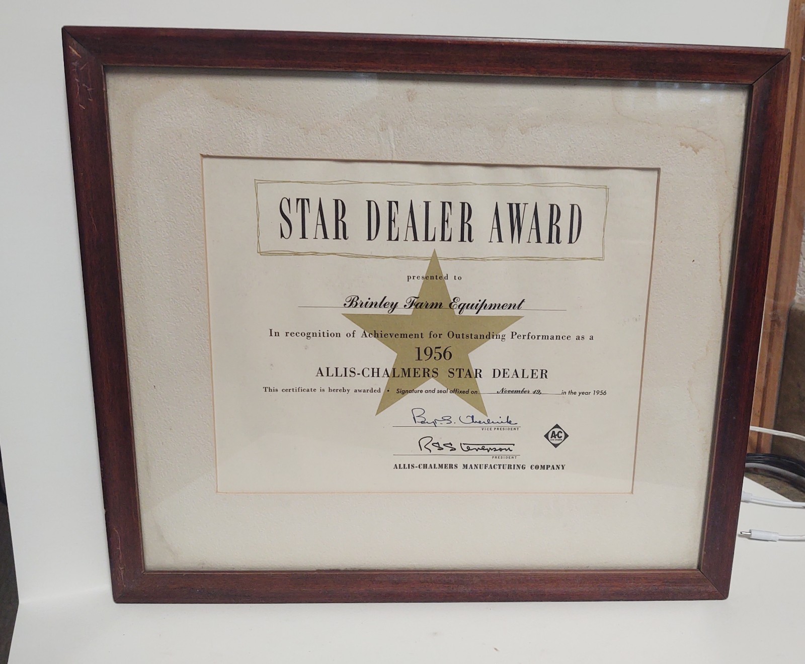 1953 Vintage Allis Chalmers Star Dealer Award Framed President Signed