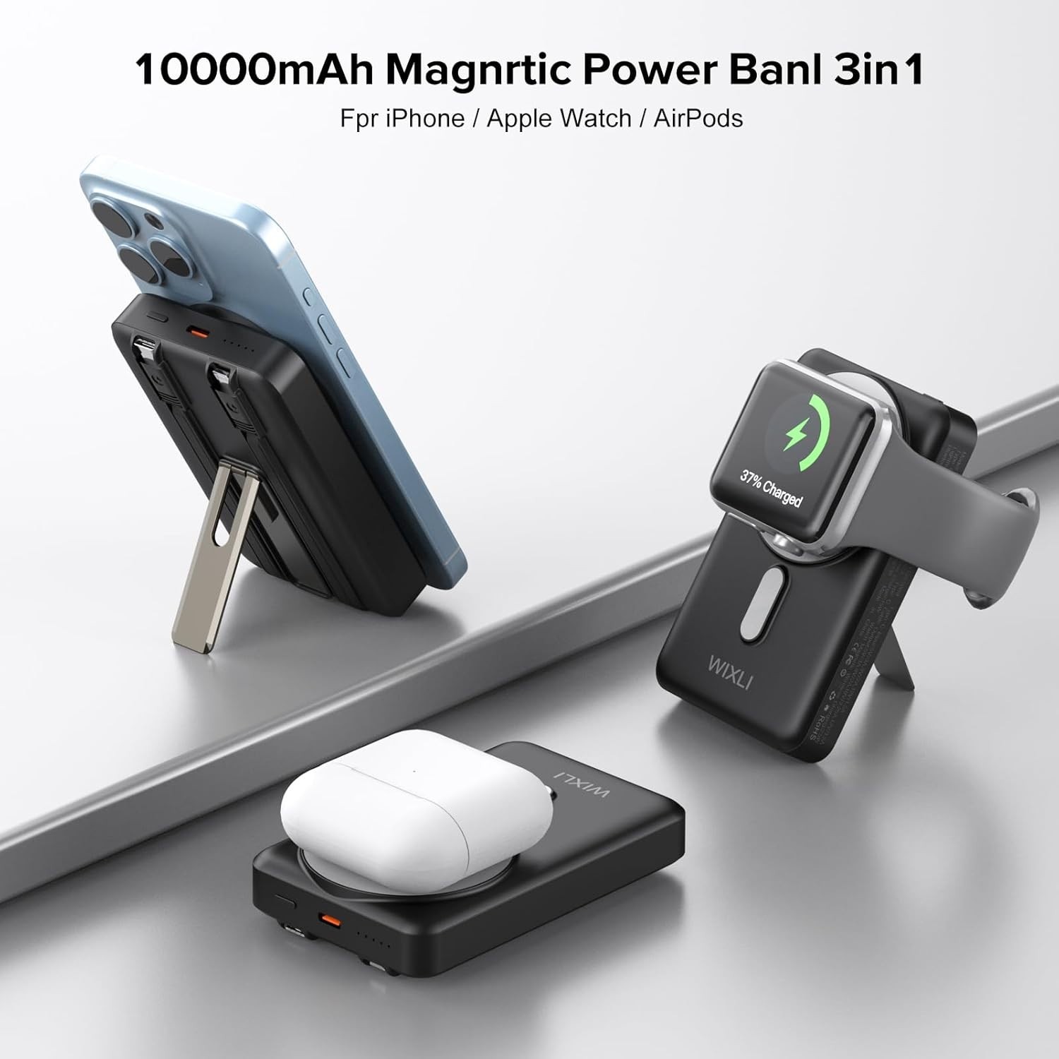 Wireless Portable Charger, 3-in-1 Magnetic Power Bank 10000mAh with Stand Wireless Portable Charger, 3-in-1 Magnetic Power Bank 10000mAh with Stand