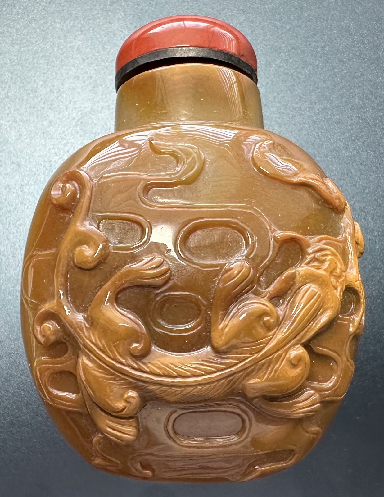 Vintage Chinese Carved Agate Snuff Bottle Dragon Motif Red Agate Stopper