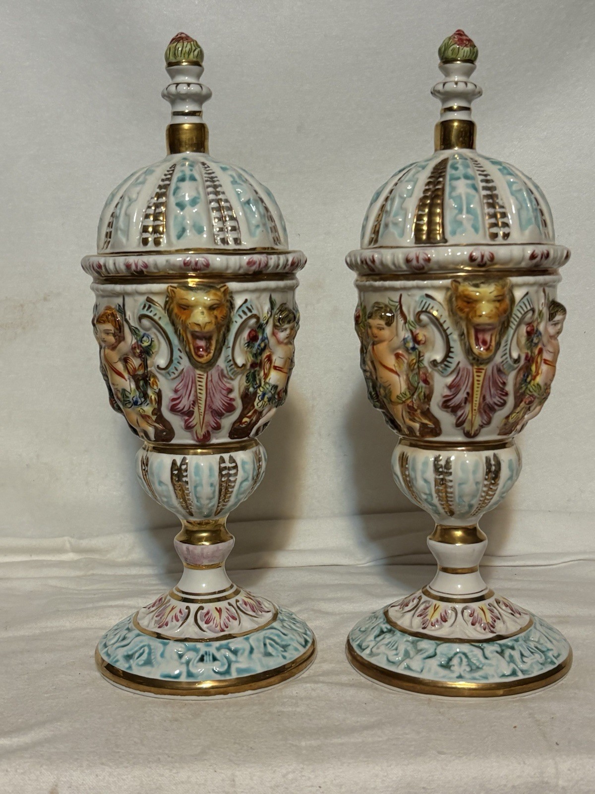 Vintage Pair Capodimonte Lidded Urns Vases Cherub & Lion Relief Signed Mint