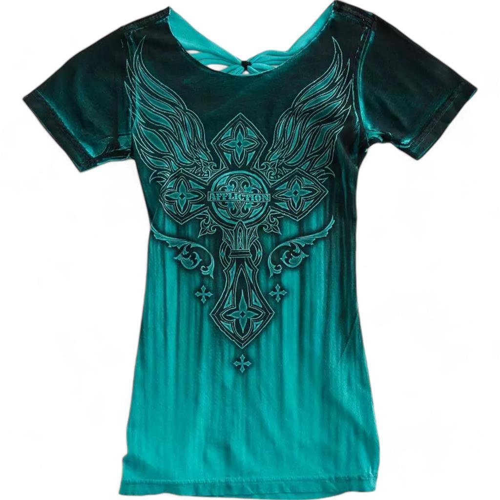 New Women's Affliction Green Rome Rhinestone & Cross Wings T-Shirt Top XS-XXL New Women's Affliction Green Rome Rhinestone & Cross Wings T-Shirt Top XS-XXL