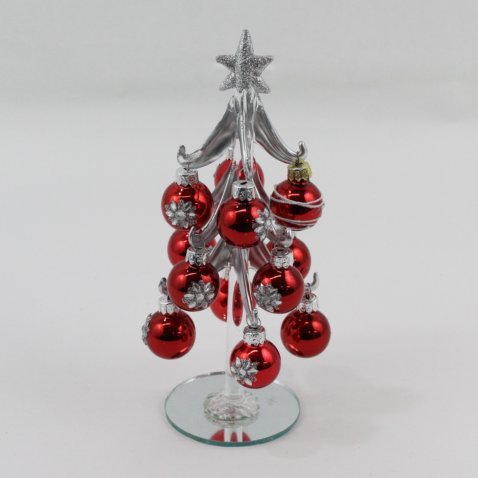 GANZ Silver Glass Christmas Tree With Mirrored Base Small Red Glass Ornaments GANZ Silver Glass Christmas Tree With Mirrored Base Small Red Glass Ornaments