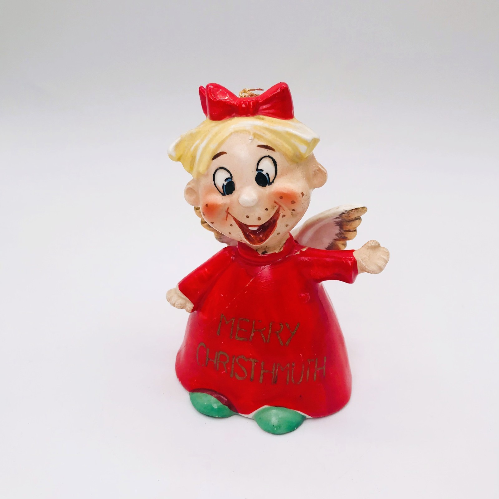 Vtg 50s Kreiss Merry Christmuth Christmas Freckle Face Angel Bell Ornament 4.5 Vtg 50s Kreiss Merry Christmuth Christmas Freckle Face Angel Bell Ornament 4.5