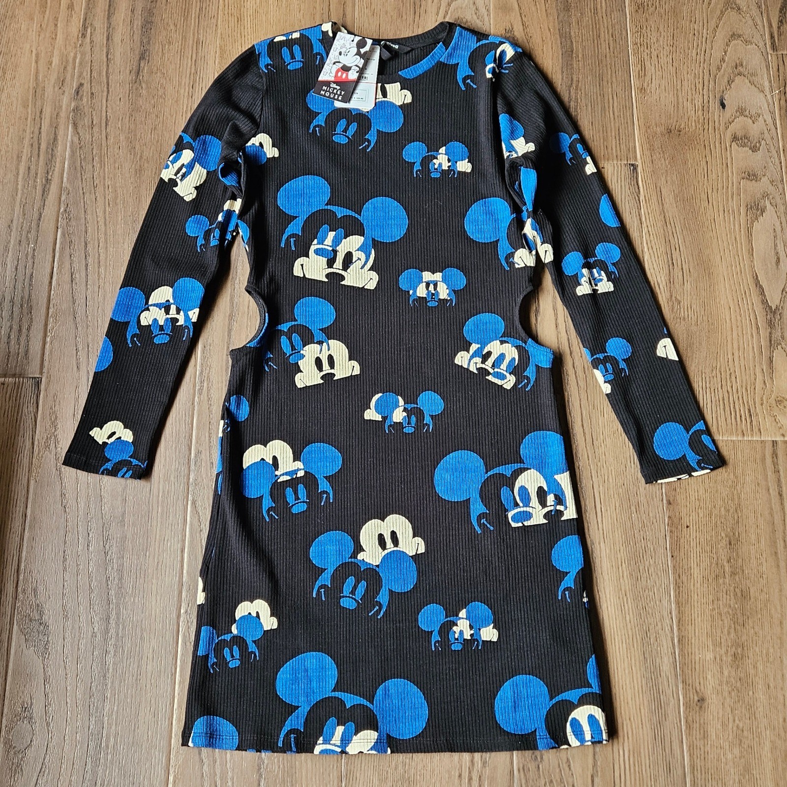 Desigual Mickey Mouse Dress Womens XL Black Blue NEW Ribbed Cut Out Long Sleeve
