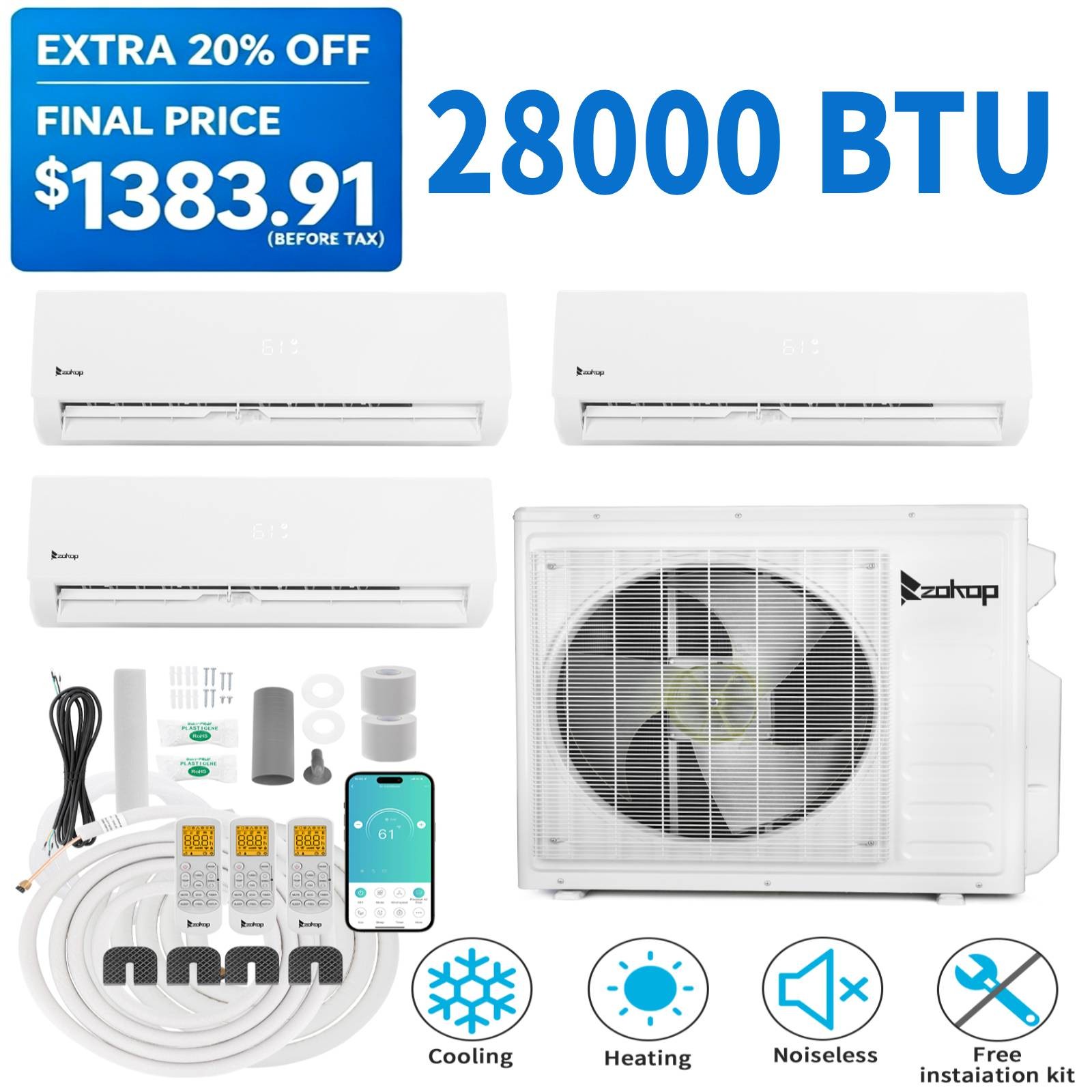 28000 BTU Tri 3 Zone Ductless Mini Split Heat Pump Air Conditioner 9K+9K+18K BTU