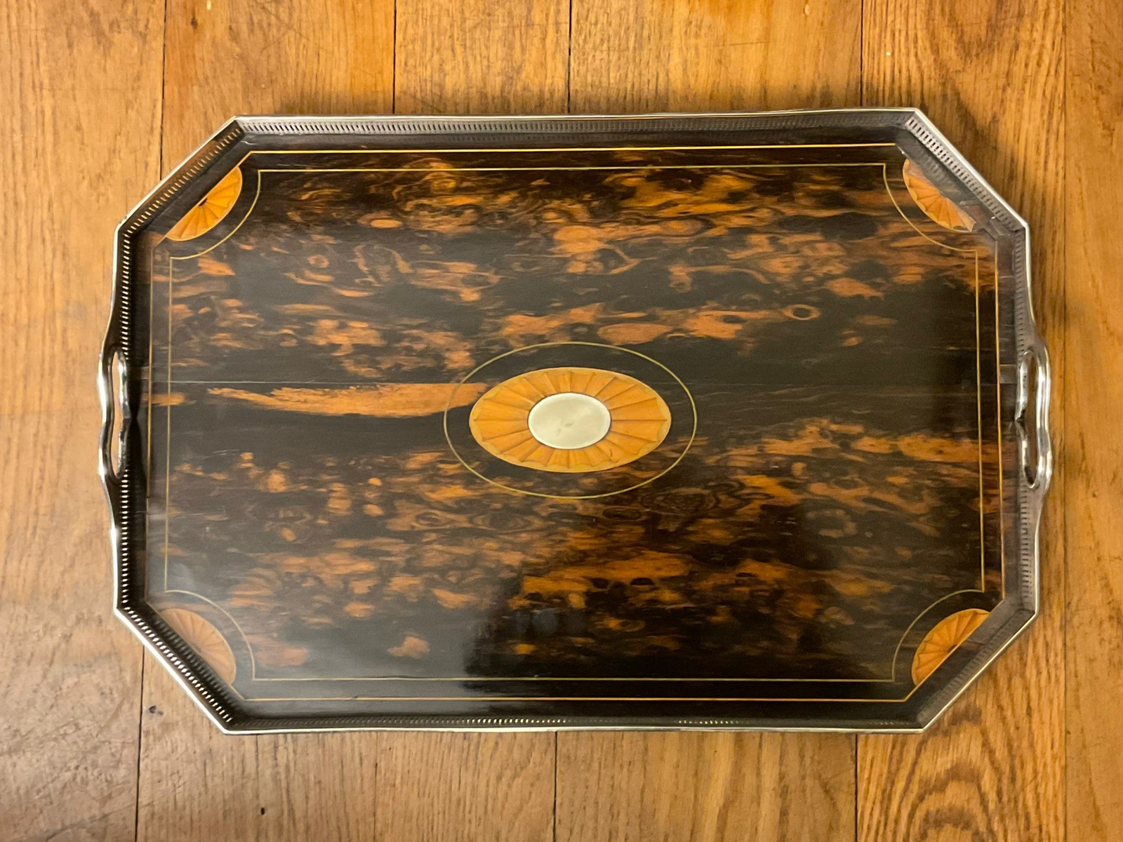 Antique Victorian Coromandel Silver Plated Gallery Mounts Tea Tray 1884-1891