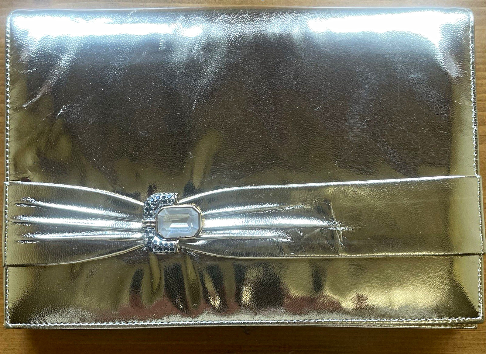 VTG RAYNE London Metallic Gold Leather Clutch Evening Bag Rhinestone Bow (NOS)