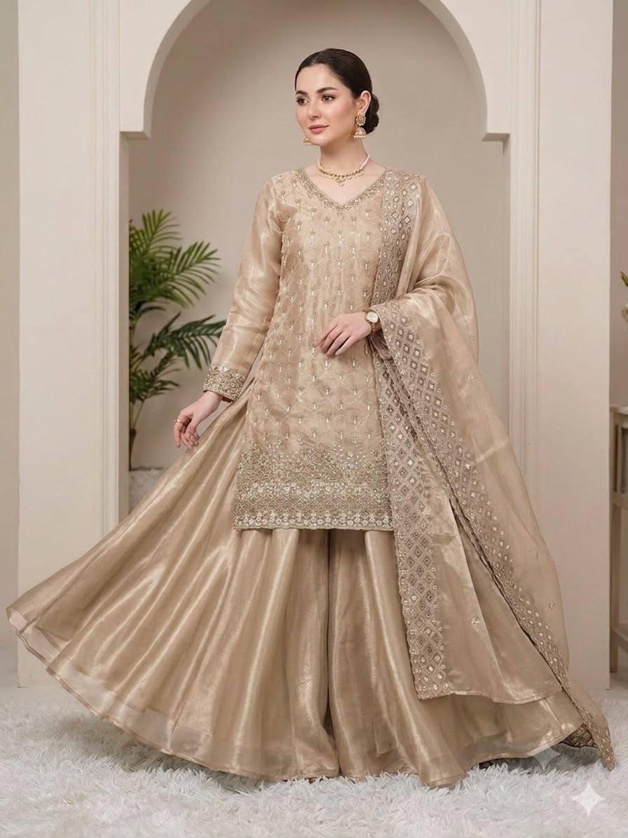 Pakistani Dress Gold Kurti Palazzo Dupatta Ready To Wear Suits For Women Wedding