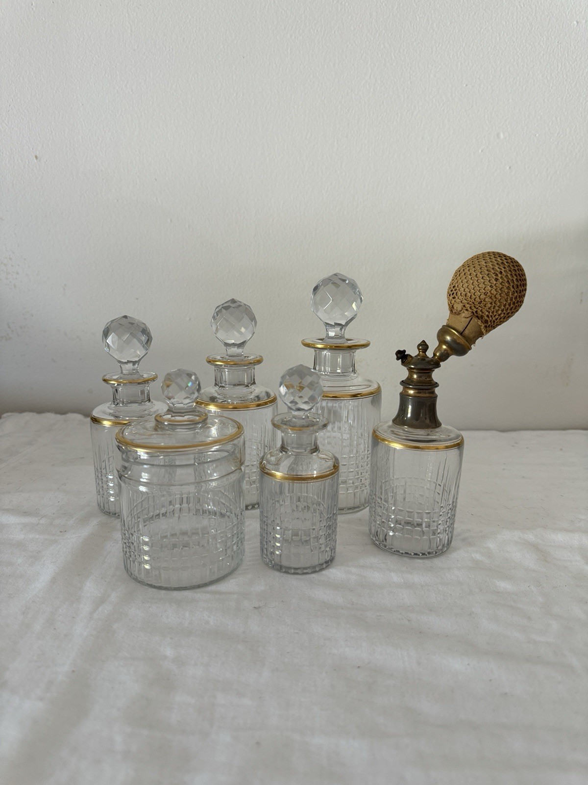 Antique Baccarat St Louis French Cut Crystal 6-Piece Perfume Vanity Set Gold Rim