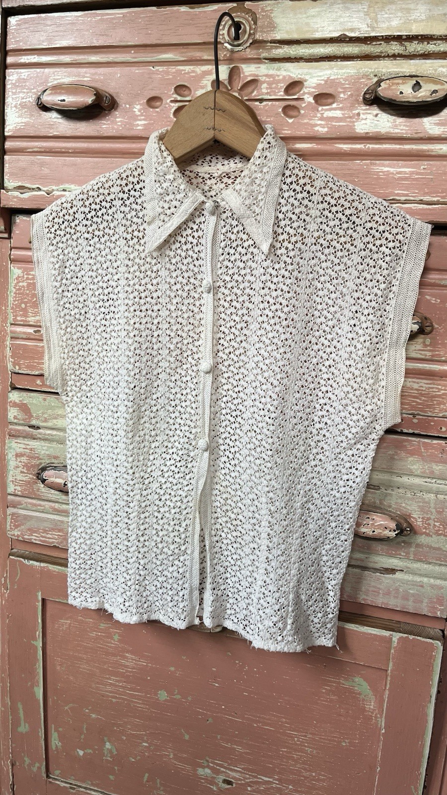 Vintage Antique Art Deco 30s 40s Crochet Cotton Lace Feminine White Blouse Top S