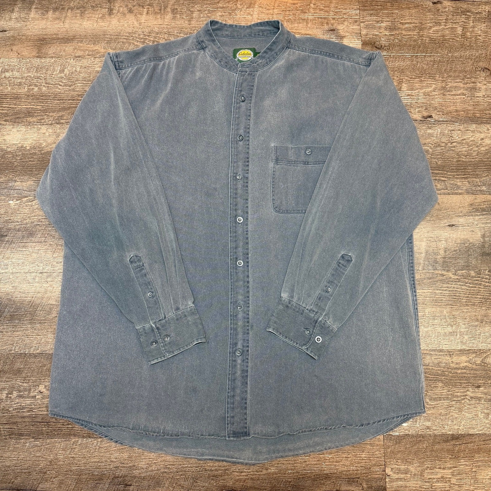 Cabelas Mens XL Tall Band Collar Denim Shirt Faded Blue Cotton Grandad Collar