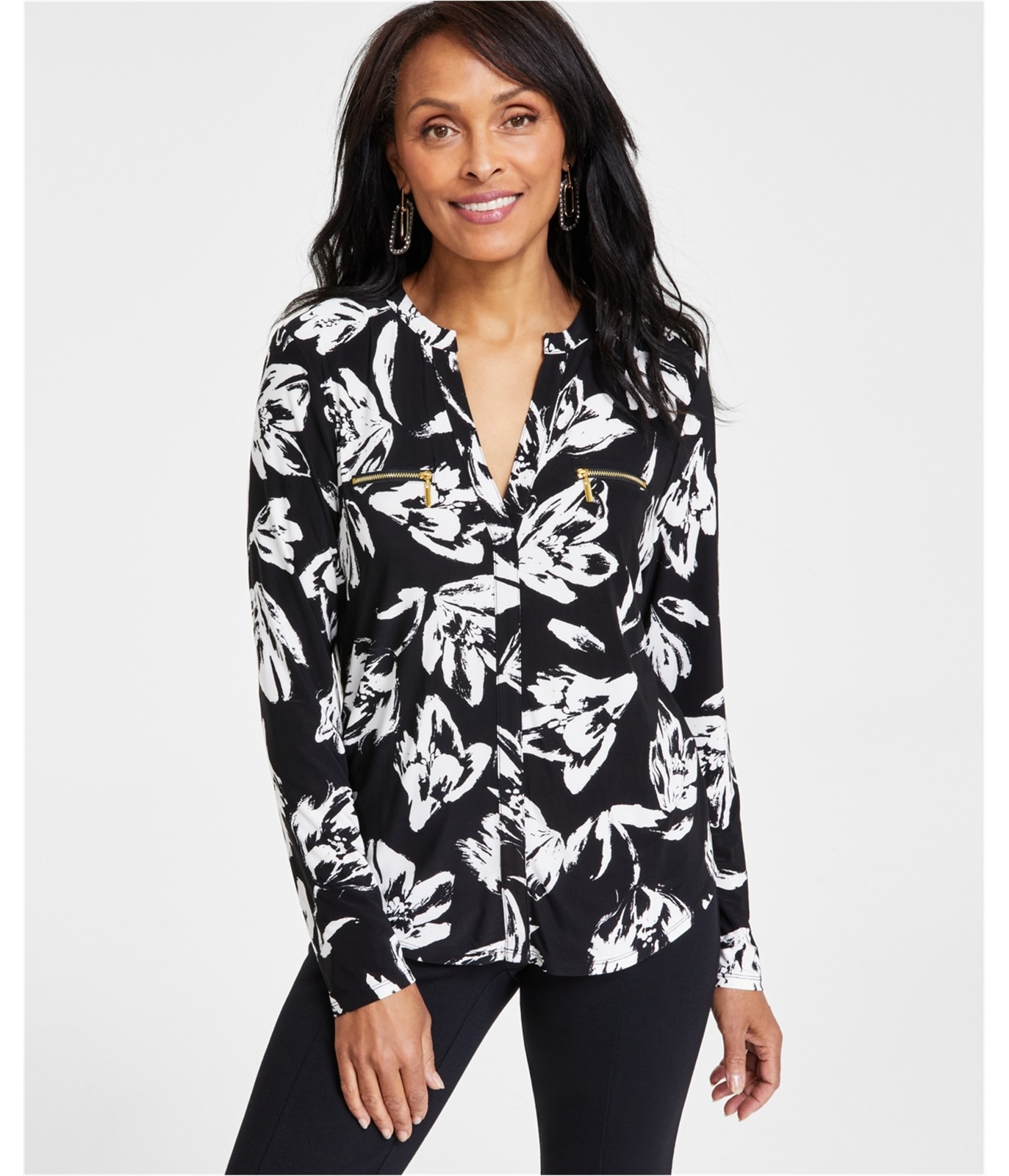 I.N.C Womens Zip-Pocket Floral Print Knit Blouse, White, Petite, PP/PXS