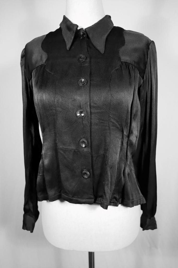 Vintage 1930\'s-1940\'s French Black Silk Crepe & Satin Blouse Medium Exc Cond