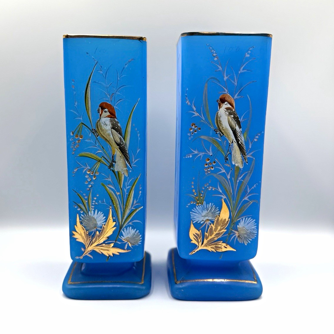 Antique Victorian Blue Opaline Glass Vase Pair Bird Floral Enamel Gilt 11”