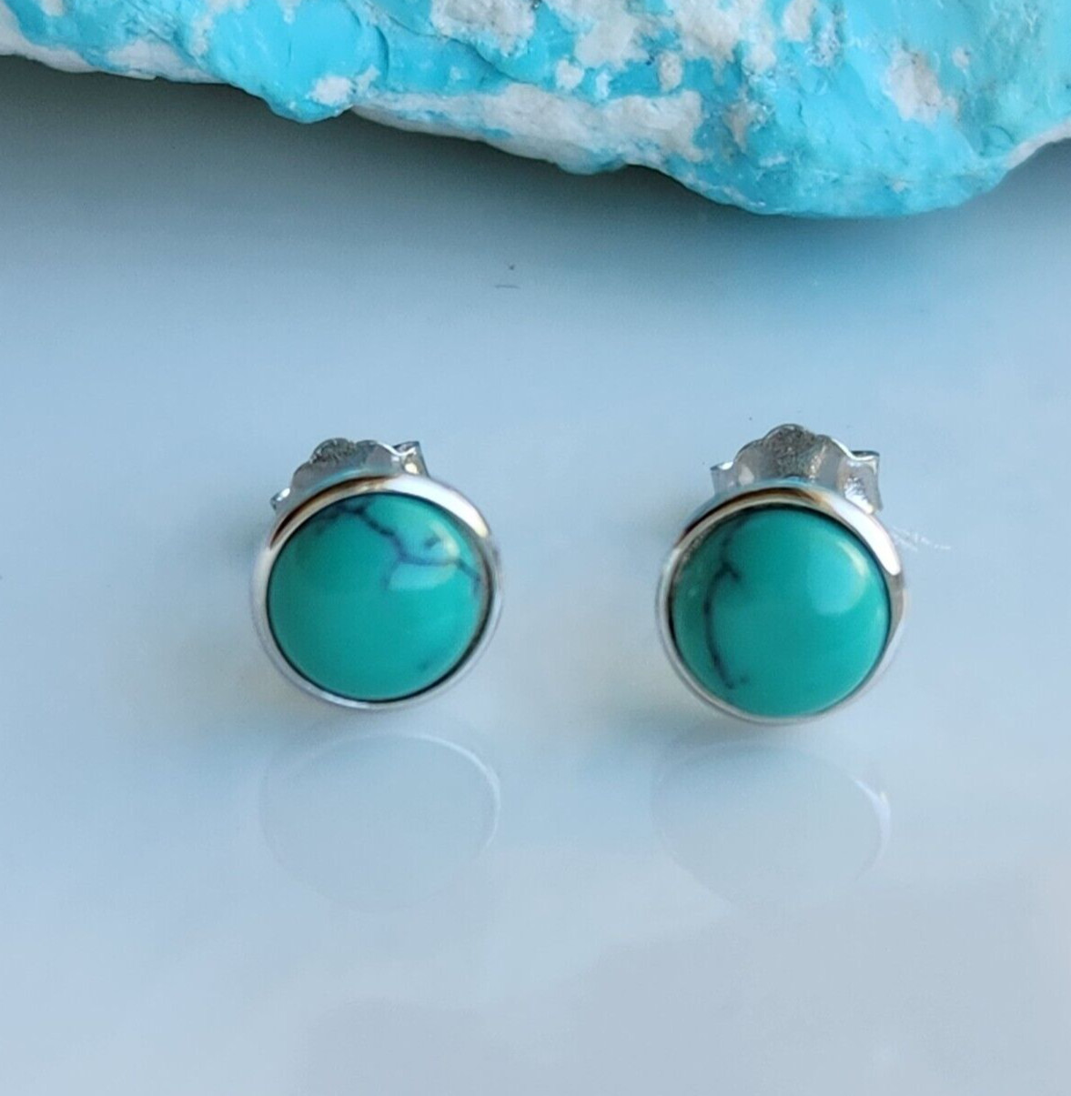 925 Sterling Silver Navajo Natural Blue 6.8-7mm Turquoise Bezel Stud Earrings