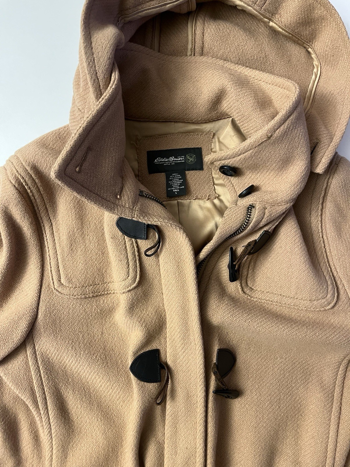 Eddie Bauer Women’s L Tall Beige Pea Coat Wool Blend Hood Toggle Lined