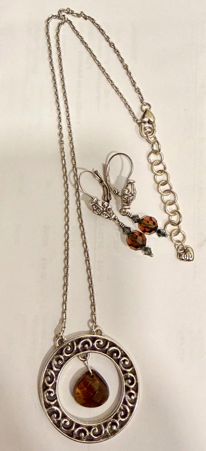 Brighton Crystal Ball Brown Topaz and Metal Jewelry Set Necklace and Earrings