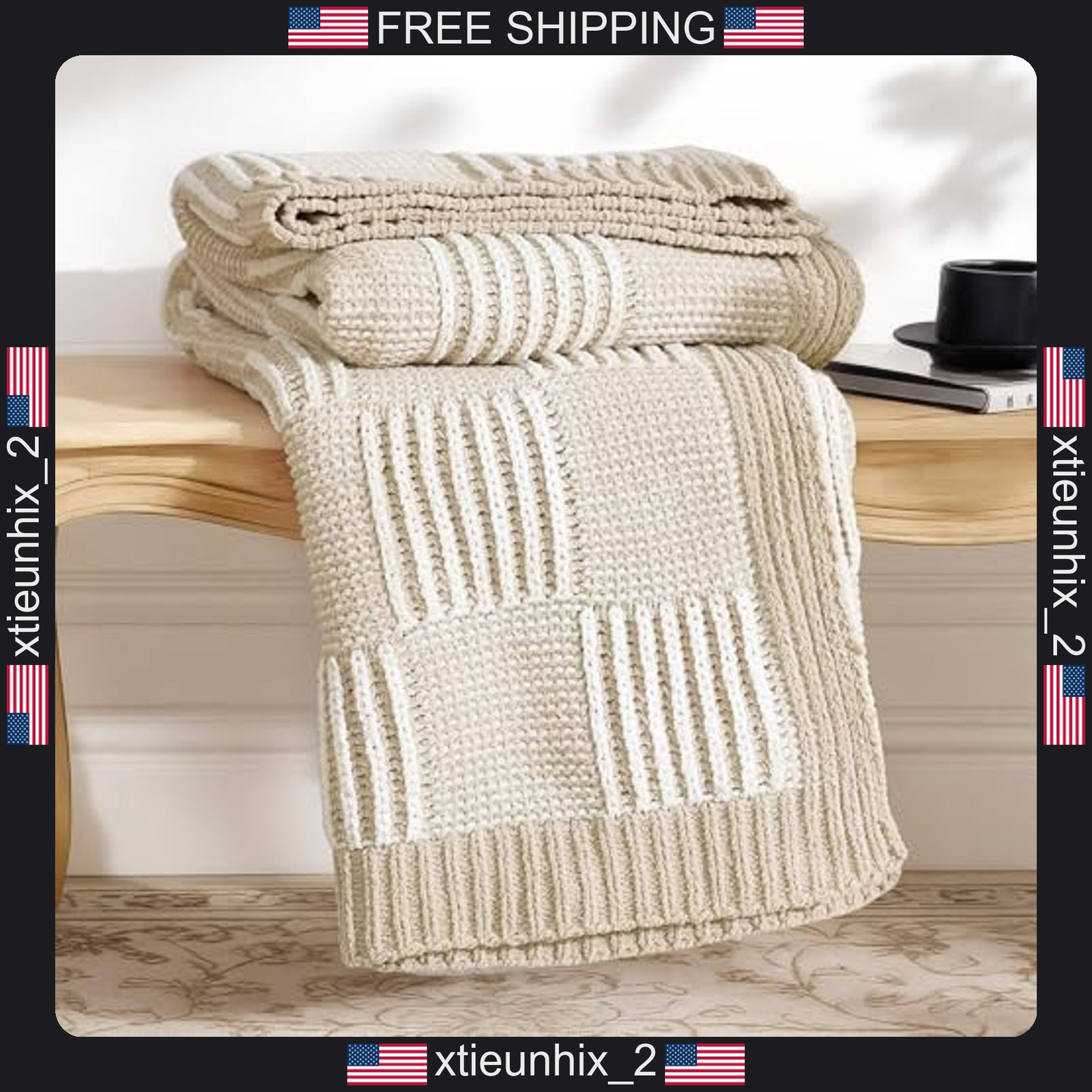 Chenille Knit Throw Blanket 50x60 Beige Checkered Soft Couch Blanket