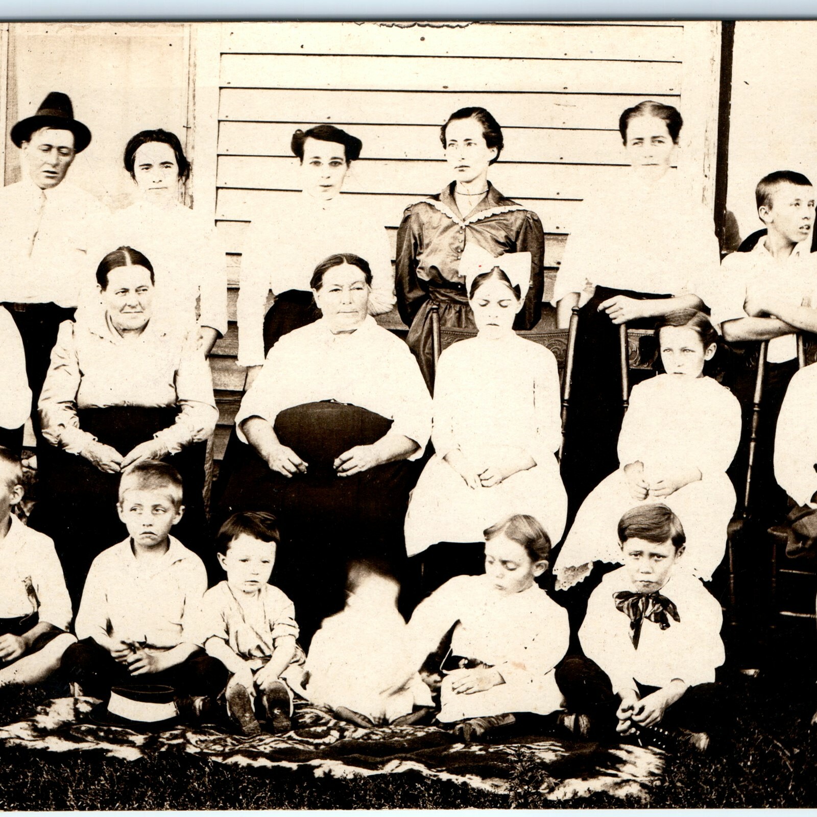 c1910s Large Stern Family Portrait RPPC Postcard Outdoor Group Kids Parents Hat c1910s Large Stern Family Portrait RPPC Postcard Outdoor Group Kids Parents Hat