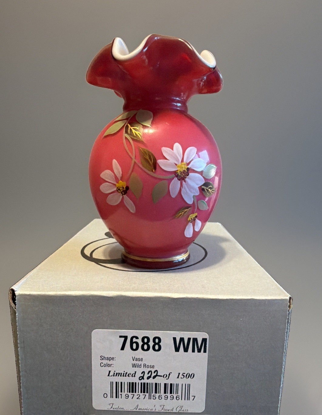 Fenton 100th Anniversary Wild Rose Vase Hand Painted Signed A Deem 222/1500