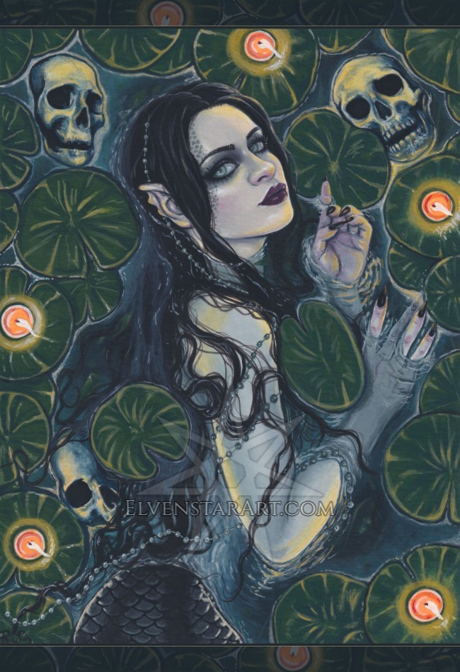 Gothic MERMAID Fantasy Art PRINT Siren Skulls Lily Pads Dark Ominous Creepy