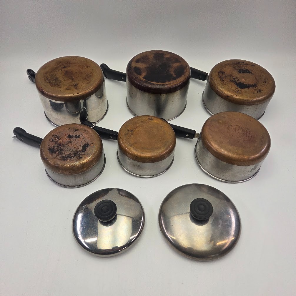 Vintage Revere Ware Copper Bottom Stainless Steel Saucepan Set 6 Pots 2 Lids 8pc