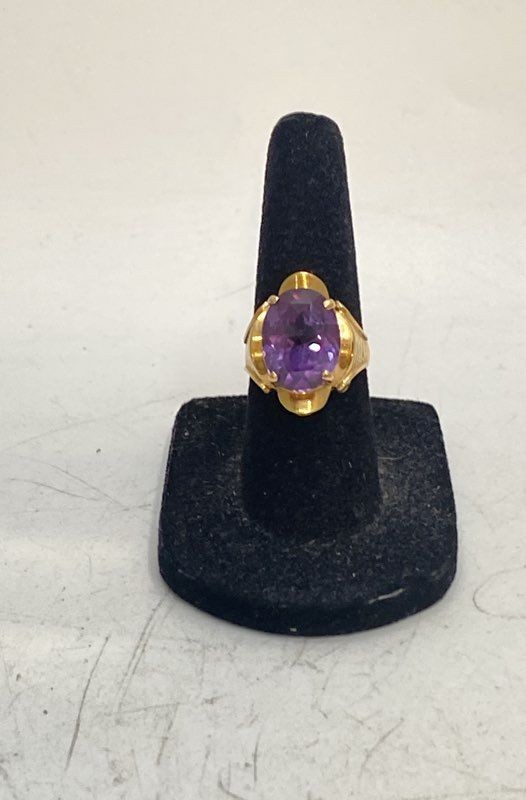17K Yellow Gold Oval Amethyst Statement Ring Size 4.75 Tested Marked 18K