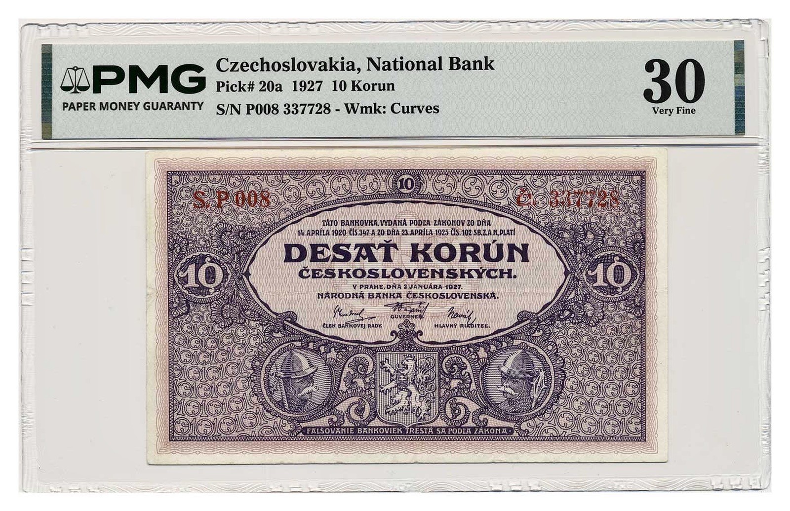 CZECHOSLOVAKIA banknote 10 Korun 1927 series P PMG VF 30 Very Fine RARE