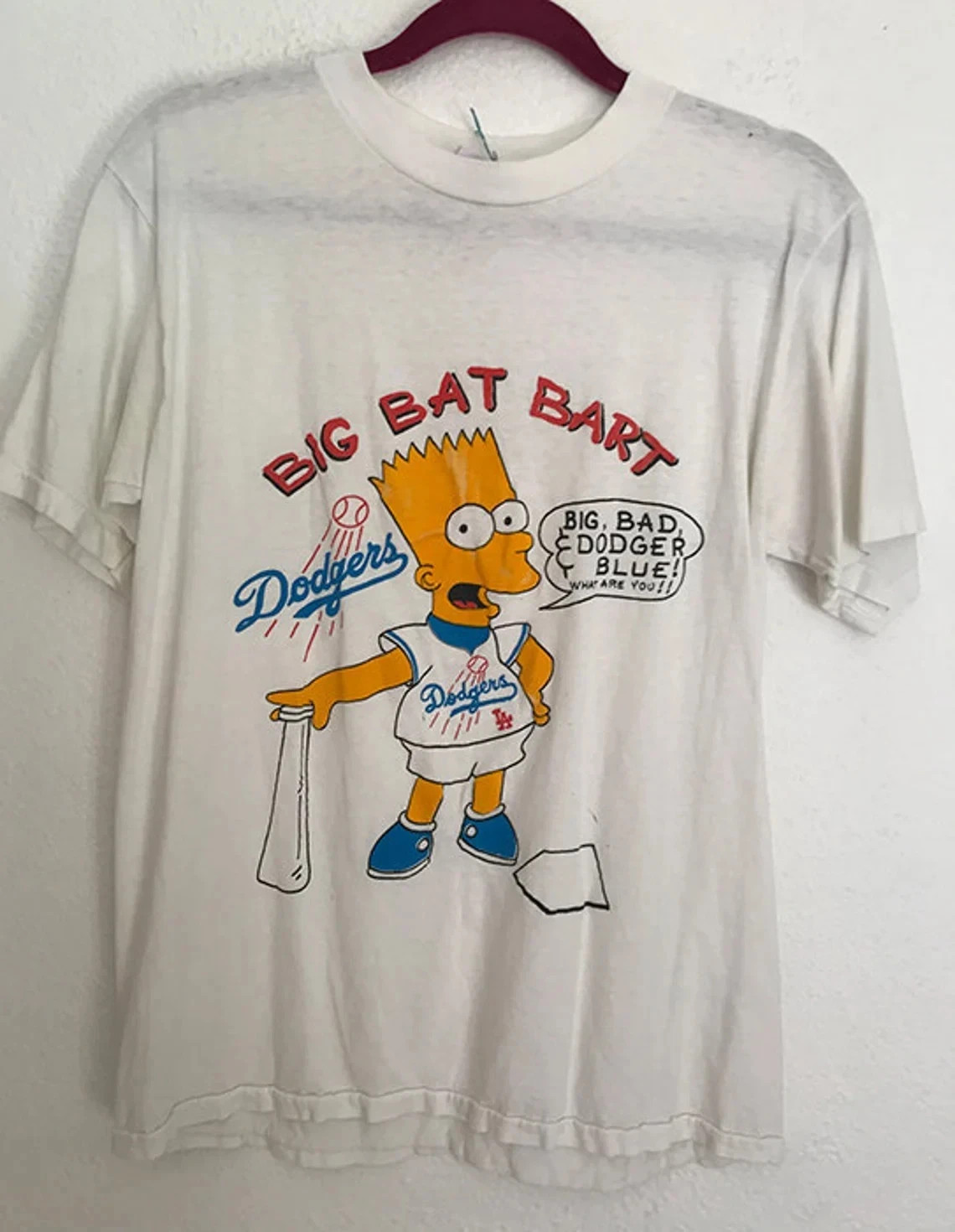 Vintage 90s Bart Simpson Dodgers Big Bat Bart MLB T-Shirt White BTH252
