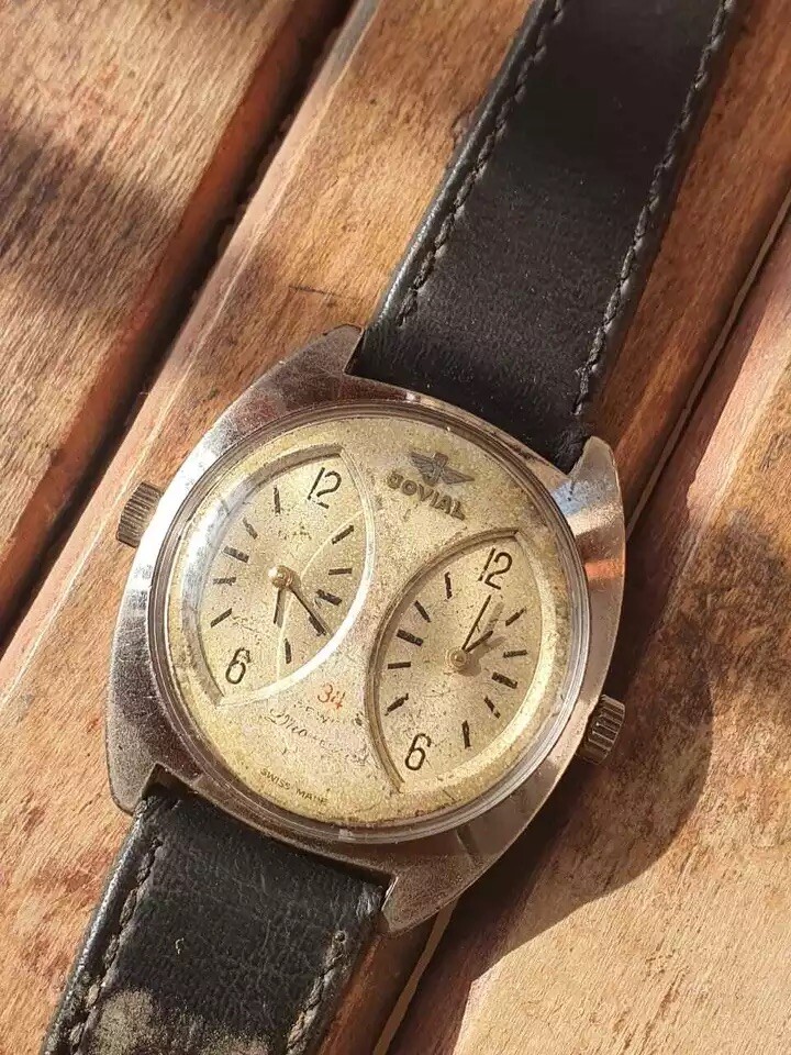 Rare JOVIAL Dual Time Mechanical Movement 34 Jewels Swiss Men's Watch