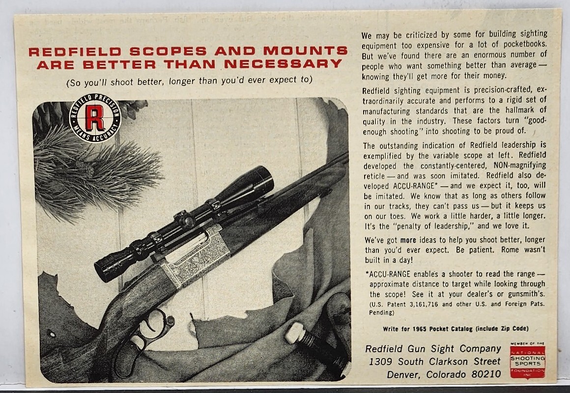 1965 Redfield Gun Sight Co. Scopes Hunting MCM Original Print Ad Denver Colorado