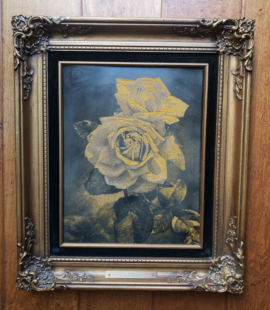 VTG Ron Morano Metal Etching Rose Flower Gold Framed Art Love Glass Etched ZINC