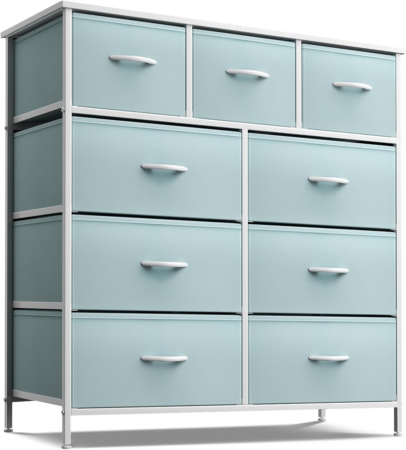 9-Drawer Dresser Nightstand End Table Steel Frame Wood Top Aqua Fabric 40\