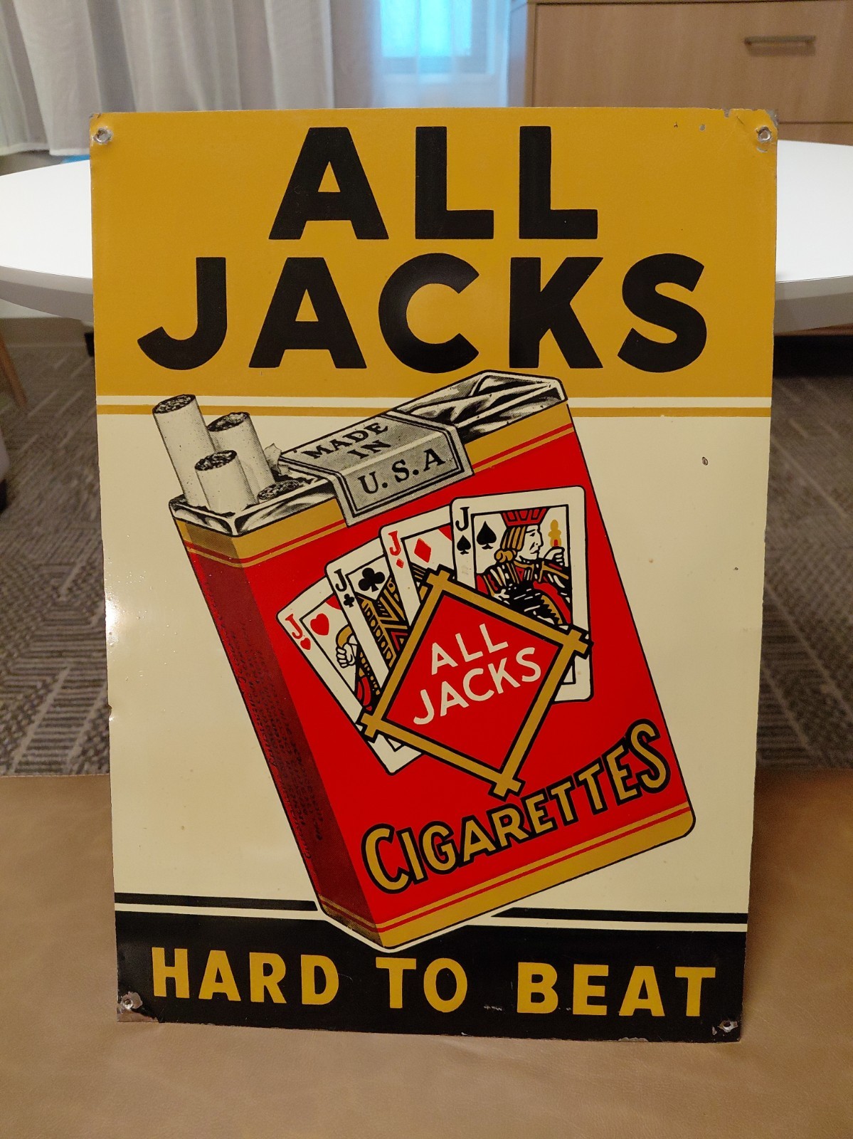 c.1950s Original Vintage All Jacks Cigarettes Sign Metal Tobacco Graphics Clean c.1950s Original Vintage All Jacks Cigarettes Sign Metal Tobacco Graphics Clean