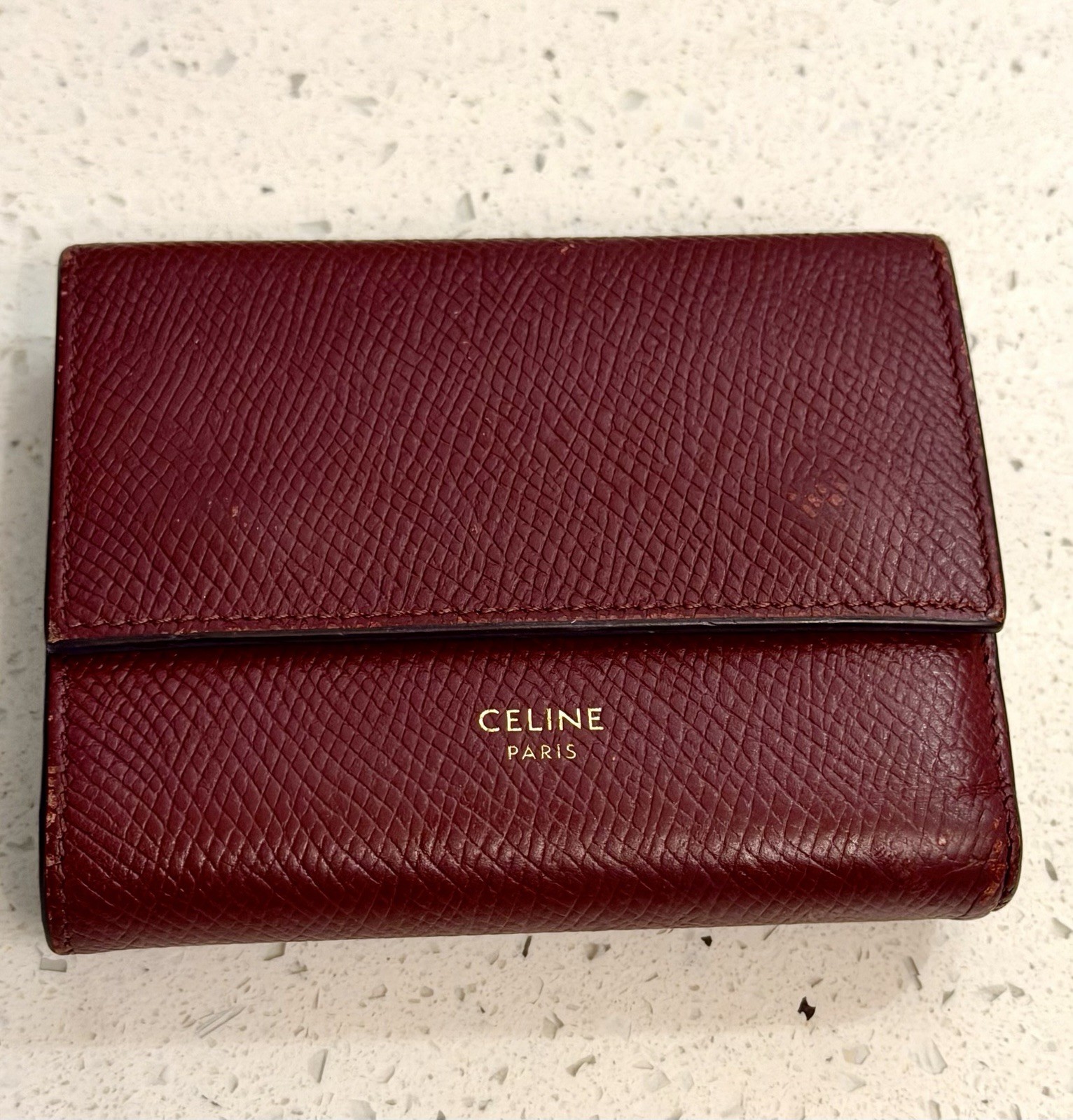 Vintage CELINE Paris Small Trifold Leather Wallet Burgundy & Gold Vintage CELINE Paris Small Trifold Leather Wallet Burgundy & Gold