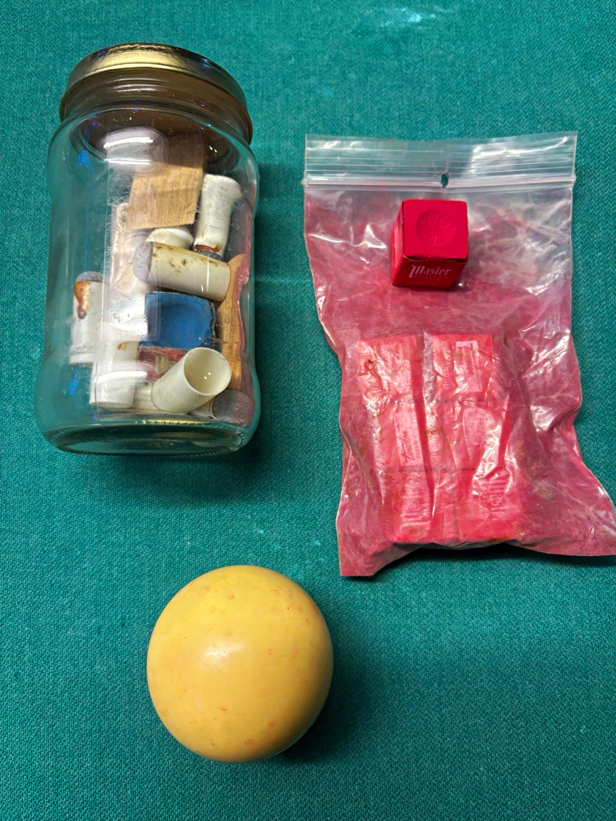 Miscellaneous Lot: Jar of assorted pool cue tips, brand new chalk & cue ball