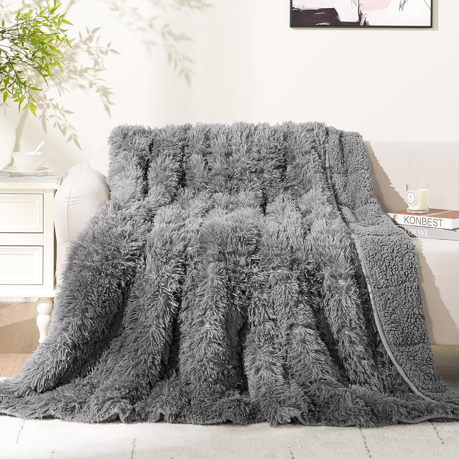 Luxury Reversible Sherpa Weighted Blanket 20lbs, Super Soft Fuzzy Grey 60x80